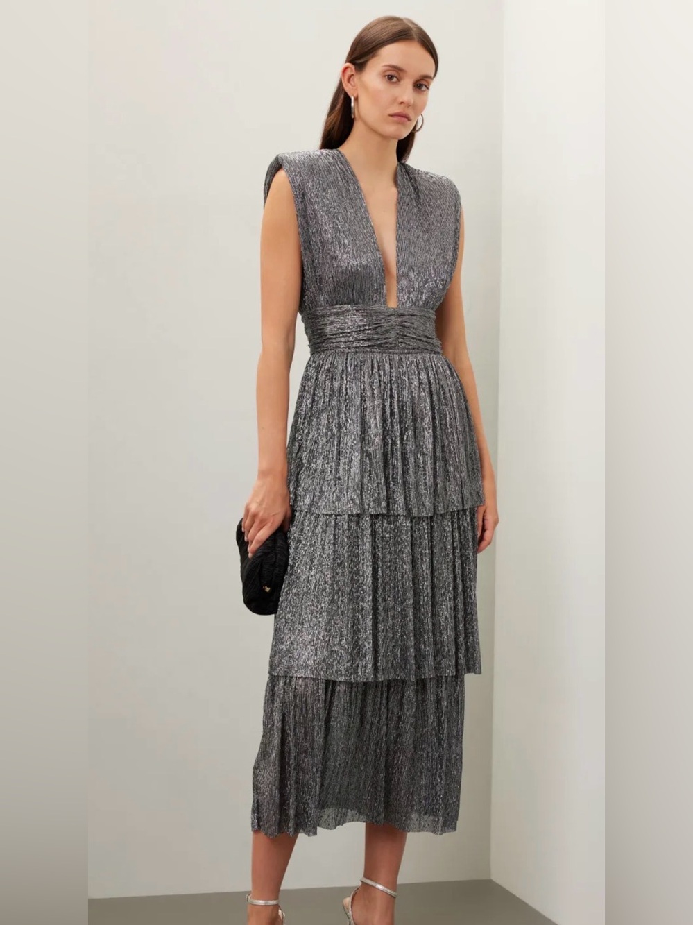 Sabina Musayev Silver Metallic Bonita Tiered Maxi Dress